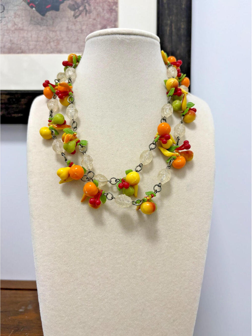 Vintage Lucite Plastic Fruit Salad Cluster Necklace Clear Carved Beads 32"